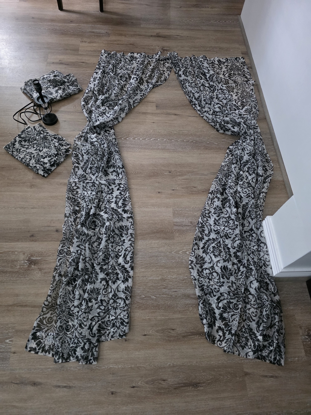 Waverly Black and White Damask Sheer 4-Panel Curtain Set and Vanity Lamp.